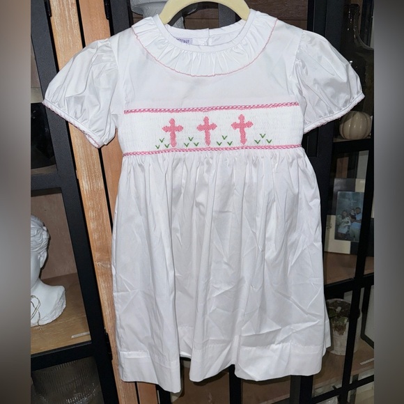 Cross smock dress bishop embroidered heirloom Easter church christening toddler - Picture 1 of 4